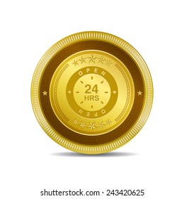 24 Hours Open Golden Vector Icon Button