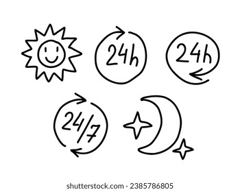 24 hours open hand drawn line vector icon. Sun and moon doodles.