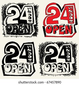 "24 hours open" hand drawn sign