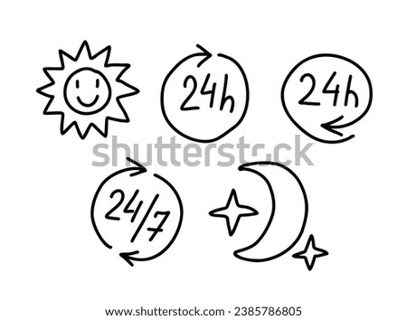 24 hours open hand drawn line vector icon. Sun and moon doodles.