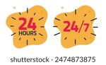 24 hours open service icon label red yellow vector graphic illustration set, 247 working hrs time in a week badge sign image clip art