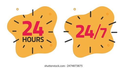 24 horas de servicio abierto etiqueta de icono rojo amarillo Vector gráfico conjunto de ilustración, 247 horas de trabajo tiempo en una semana signo de la insignia de la Imagen arte del Clip