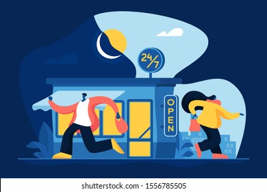 24 hours open shop flat vector illustration. Local store, 24 7 service, around clock marketing concept. Buyers with purchases characters. Customers carrying shopping bags. Grocery products buying