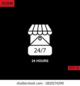 24 Hours open shop vector icon on black background. Illustration flat icon for graphic, print media interfaces and web design.
