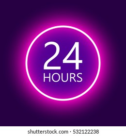 24 Hours Open Sign, Purple Neon Billboard Vector Illustration