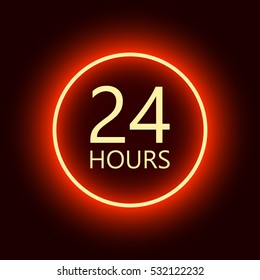24 hours open sign, red neon billboard vector illustration