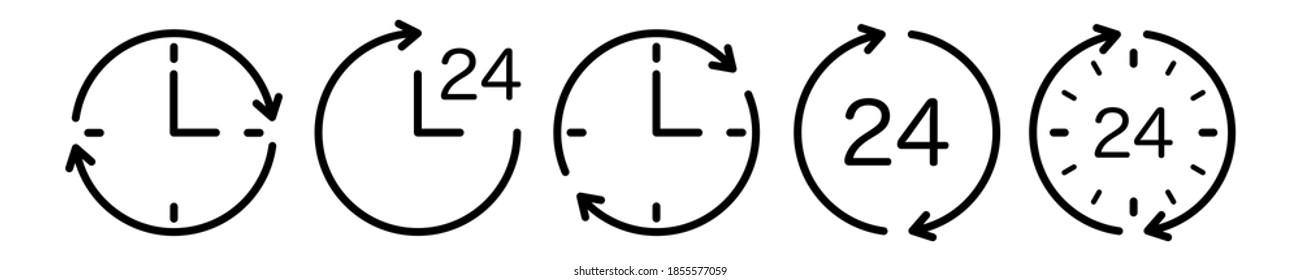 24 hours open vector icon. Time, clock thin line isolated icons. Watch black symbol white background. Work hours concept. time management logo stock illustration