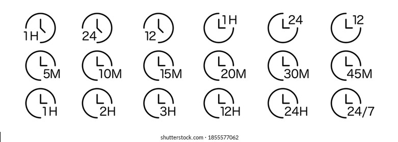 24 hours open vector icon. Time, clock thin line isolated icons. Watch black symbol white background. Work hours concept. time management logo stock illustration