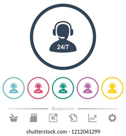 24 hours operator service flat color icons in round outlines. 6 bonus icons included.