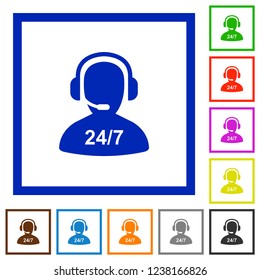 24 hours operator service flat color icons in square frames on white background