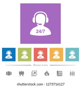 24 hours operator service flat white icons in square backgrounds. 6 bonus icons included.