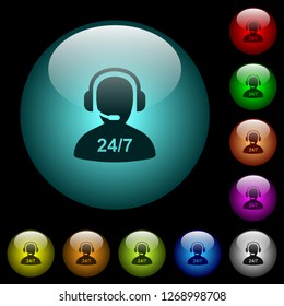 24 hours operator service icons in color illuminated spherical glass buttons on black background. Can be used to black or dark templates