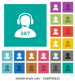 24 hours operator service multi colored flat icons on plain square backgrounds. Included white and darker icon variations for hover or active effects.