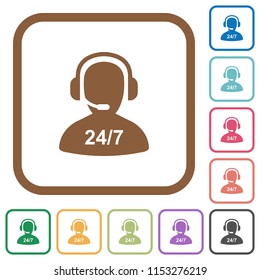 24 hours operator service simple icons in color rounded square frames on white background
