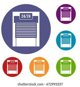 24 hours parking icons set in flat circle reb, blue and green color for web
