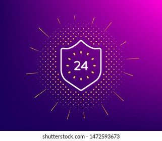 24 hours protection line icon. Halftone pattern. Shield sign. Gradient background. 24 hours line icon. Yellow halftone pattern. Vector