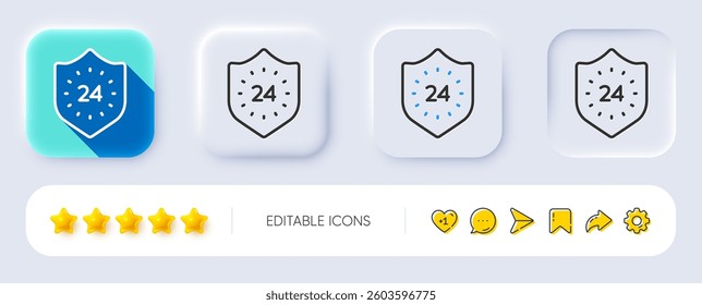 24 hours protection line icon. Neumorphic, Flat shadow, 3d buttons. Shield sign. Line 24 hours icon. Social media icons. Vector