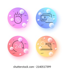 24 hours, Recovery laptop and Loan percent minimal line icons. 3d spheres or balls buttons. Card icons. For web, application, printing. Time, Backup data, Discount. Bank payment. Vector