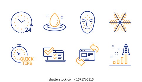 24 hours, Refresh website and Snowflake line icons set. Face biometrics, Online survey and Quick tips signs. Fuel energy, Development plan symbols. Time, Update internet. Technology set. Vector