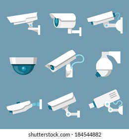 24 hours security surveillance camera or CCTV icons set white on color background isolated vector illustration