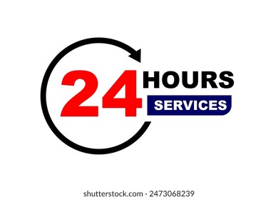 24 horas de servicio con el ícono del círculo de la flecha, insignia, etiqueta o etiqueta engomada para el Servicio al cliente, la Asistencia o el concepto mecánico y médico aislado en el fondo blanco