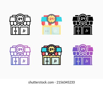 24 Hours service building store shop icon set with line, outline, flat, filled, glyph, color, gradient. Editable stroke and pixel perfect. Used for digital product, presentation, print design and more