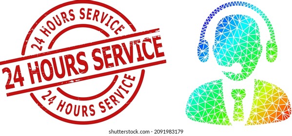 24 HOURS SERVICE corroded badge, and low-poly spectral colored call center operator icon with gradient. Red stamp has 24 HOURS SERVICE caption inside circle and lines template.