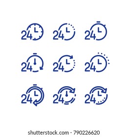 24 hours service daily, fast time logo, stop watch symbol, time period concept, working hours, quick timely delivery, express and urgent services, vector line icon set