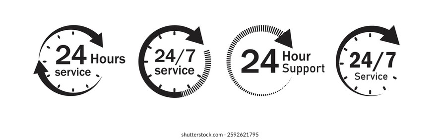 24 hours service every day vector symbol, icon. all day service duration sign. 24hour discount offer icon. same day delivery line icon set. Time with arrow. 24hr support sign collection.
