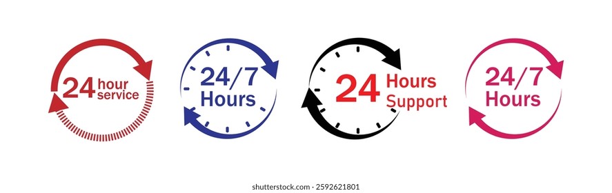 24 hours service every day vector symbol, icon. all day service duration sign. 24hour discount offer icon. same day delivery line icon set. Time with arrow. 24hr support sign collection.
