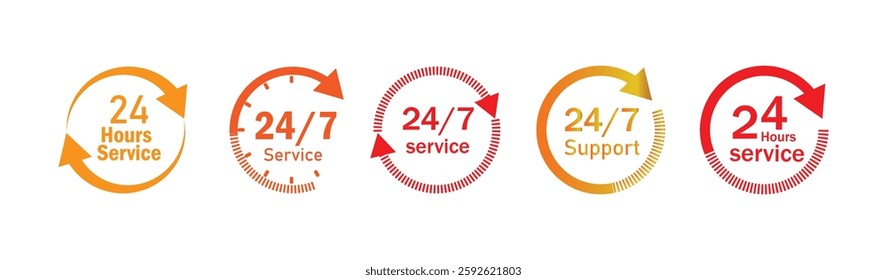 24 hours service every day vector symbol, icon. all day service duration sign. 24hour discount offer icon. same day delivery line icon set. Time with arrow. 24hr support sign collection.
