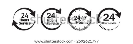 24 hours service every day vector symbol, icon. all day service duration sign. 24hour discount offer icon. same day delivery line icon set. Time with arrow. 24hr support sign collection.
