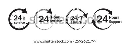 24 hours service every day vector symbol, icon. all day service duration sign. 24hour discount offer icon. same day delivery line icon set. Time with arrow. 24hr support sign collection.
