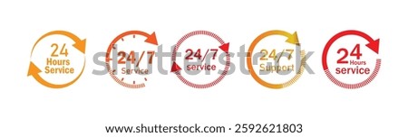 24 hours service every day vector symbol, icon. all day service duration sign. 24hour discount offer icon. same day delivery line icon set. Time with arrow. 24hr support sign collection.
