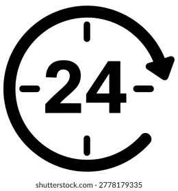 24 hours service icon, clock sign, vector illustration isolated on white background. Symbol of continuous support, availability
