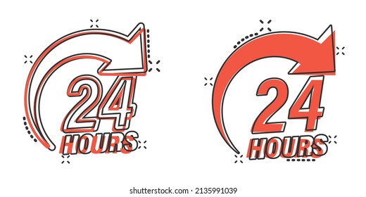 24 hours service icon in comic style. All day business and service cartoon vector illustration on isolated background. Quick service time splash effect sign business concept.