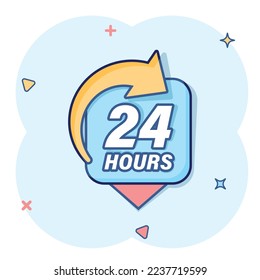 24 hours service icon in comic style. All day business and service cartoon vector illustration on isolated background. Quick service time splash effect sign business concept.