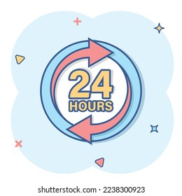 24 hours service icon in comic style. All day business and service cartoon vector illustration on isolated background. Quick service time splash effect sign business concept.