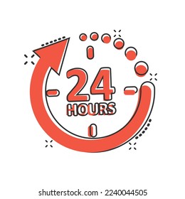 24 hours service icon in comic style. All day business and service cartoon vector illustration on isolated background. Quick service time splash effect sign business concept.