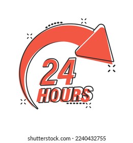 24 hours service icon in comic style. All day business and service cartoon vector illustration on isolated background. Quick service time splash effect sign business concept.