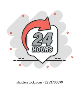 24 hours service icon in comic style. All day business and service cartoon vector illustration on isolated background. Quick service time splash effect sign business concept.