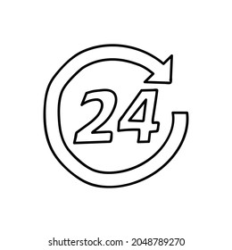 24 Hours service icon in flat black line style, isolated on white background 