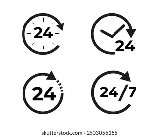 24 hours service icon set. 24-7 open, concept. Support 24 hours a day and 7 days a week. Support service. Vector Illustration.
