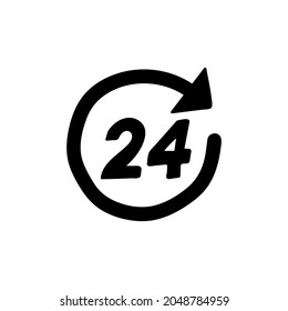 24 Hours service icon in solid black flat shape glyph icon, isolated on white background 