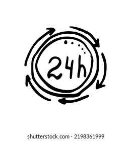 24 hours service line doodle icon, outline vector sign, linear pictogram isolated on white.