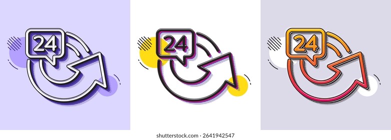 24 hours service line icon. Halftone dotted pattern. Gradient icon with grain shadow. Repeat every day sign. Refund symbol. Line 24 hours icon. Various designs. Vector