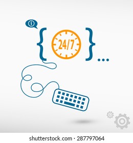 24 hours service sign and flat design elements. Design concept icons for application development, web design, creative process, social media, seo, web page coding and programming.