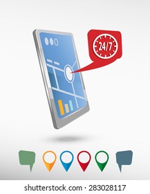 24 hours service sign and perspective smartphone vector realistic. Set of bright map pointers for printing, website, presentation element and application mockup.