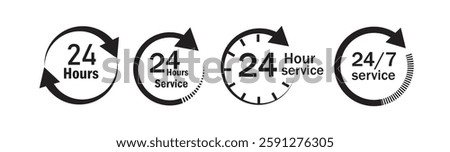 24 hours service sign vector illustration. All-Day Service Icon Set. 24-Hour Assistance Symbol. 24hr support, 24hrs delivery sign. 