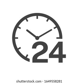 24 hours service sign. Working overnight. Opening time. Flat minimalist design. white background Gray black vector. product brand service label banner board display. App icon.